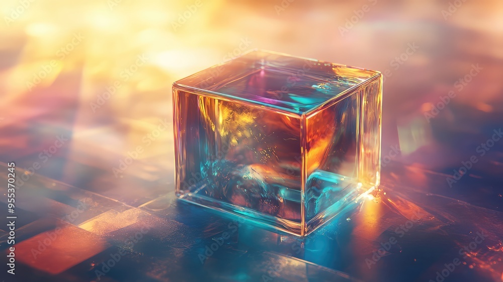 Poster an abstract glass cube with an internal glow, surrounded by soft light rays and subtle reflections