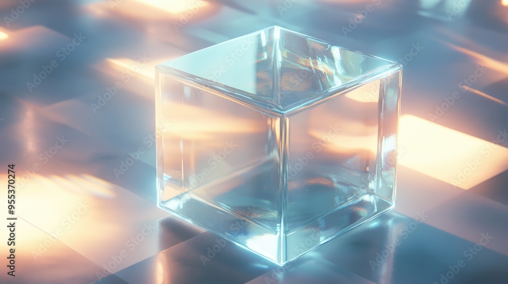 Poster an abstract glass cube with an internal glow, surrounded by soft light rays and subtle reflections