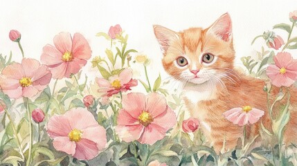 Obraz premium Watercolor illustration of an adorable kitten in a garden with a red cat exploring pink flowers