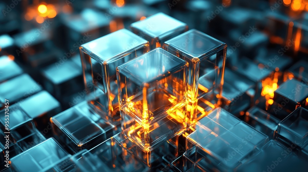 Poster an abstract glass cube with internal glowing sections, casting light and reflections in a futuristic