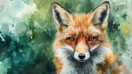 Obraz premium Watercolor illustration of a stunning portrait of a red fox with a vibrant green background