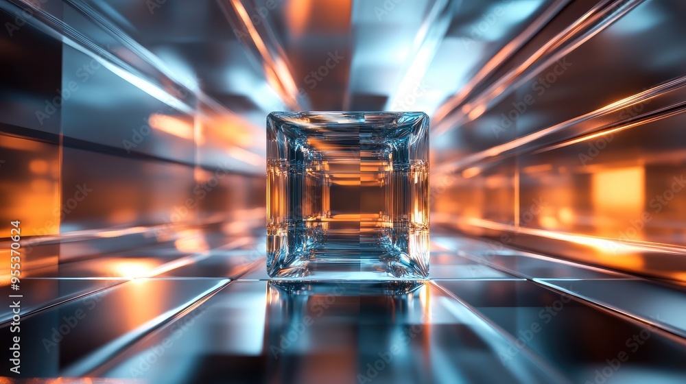 Poster an abstract glass cube with internal glowing sections, casting light and reflections in a futuristic
