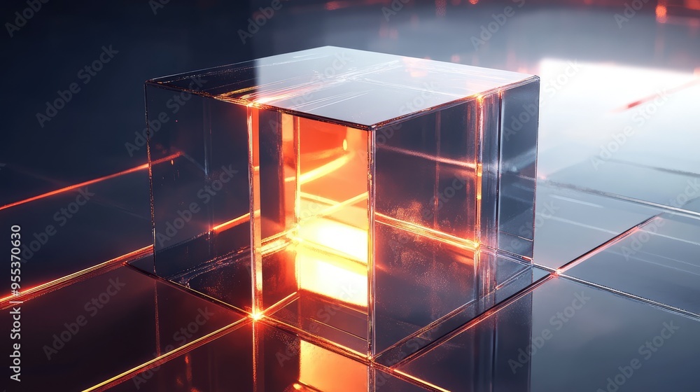 Poster an abstract glass cube with internal glowing sections, casting light and reflections in a futuristic