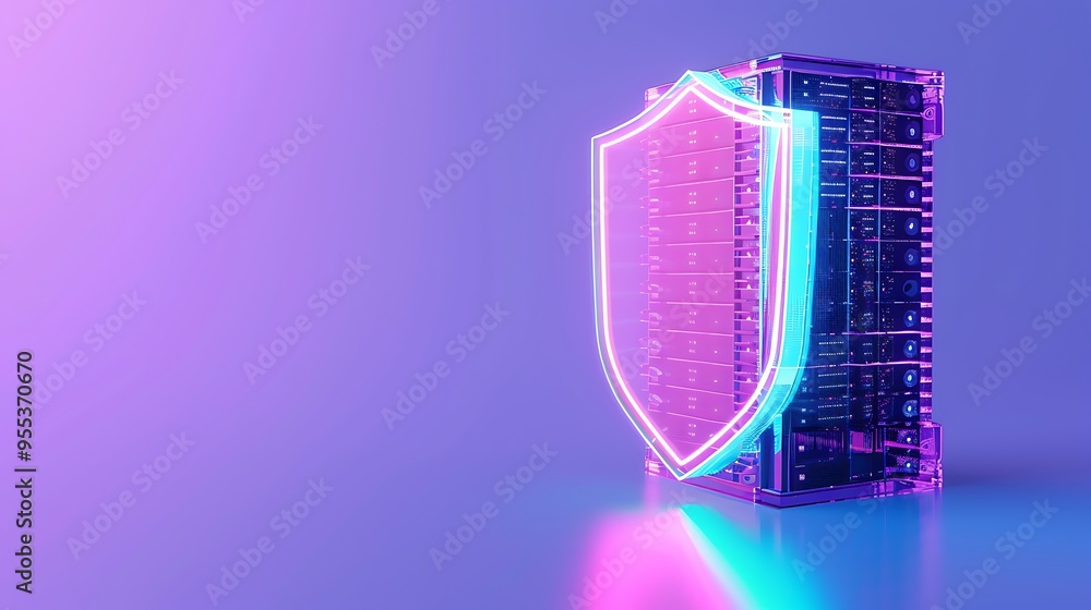 Poster a futuristic server rack protected by a glowing neon shield symbol, emphasizing cybersecurity and da