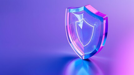 A futuristic, glowing 3D shield icon highlighting security and protection concepts in a dynamic digital environment with vibrant colors.