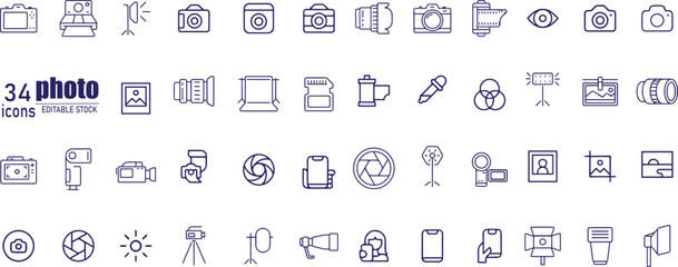 Set of photo and cameras, vector line icons.