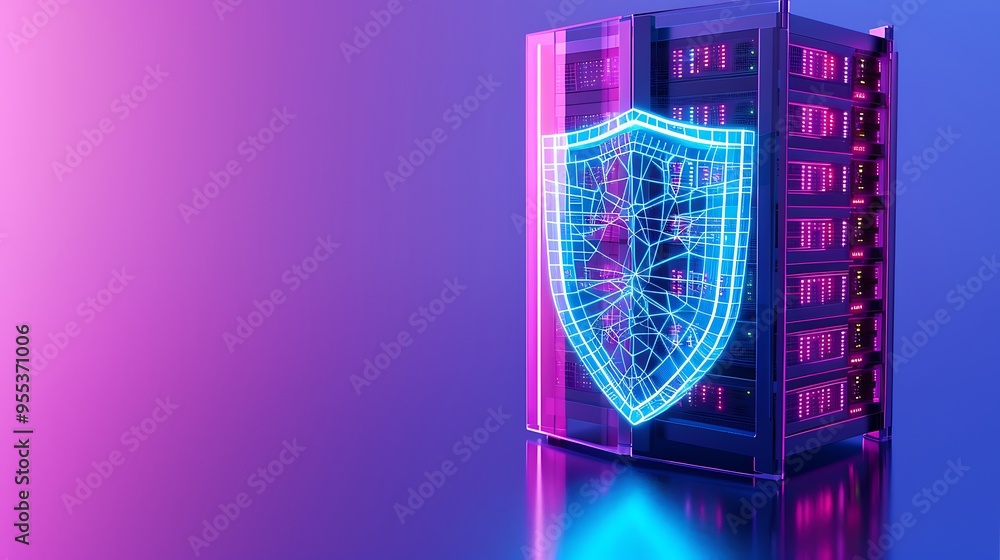 Poster a glowing 3d shield icon symbolizing cybersecurity protection in front of a server on a vibrant back