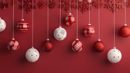 Red Christmas card with hanging colorful balls 