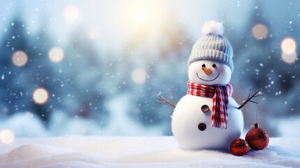 Card with a Happy snowman standing in christmas blurry landscape