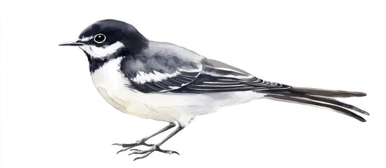 Watercolor illustration of a wagtail bird sitting isolated on a white background