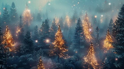 Magical forest with christmas trees and shiny lights