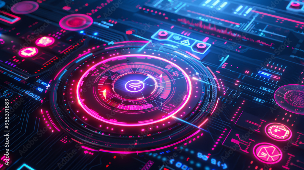 Poster advanced system with round neon digital chip on dark background with purple neon light. technology c