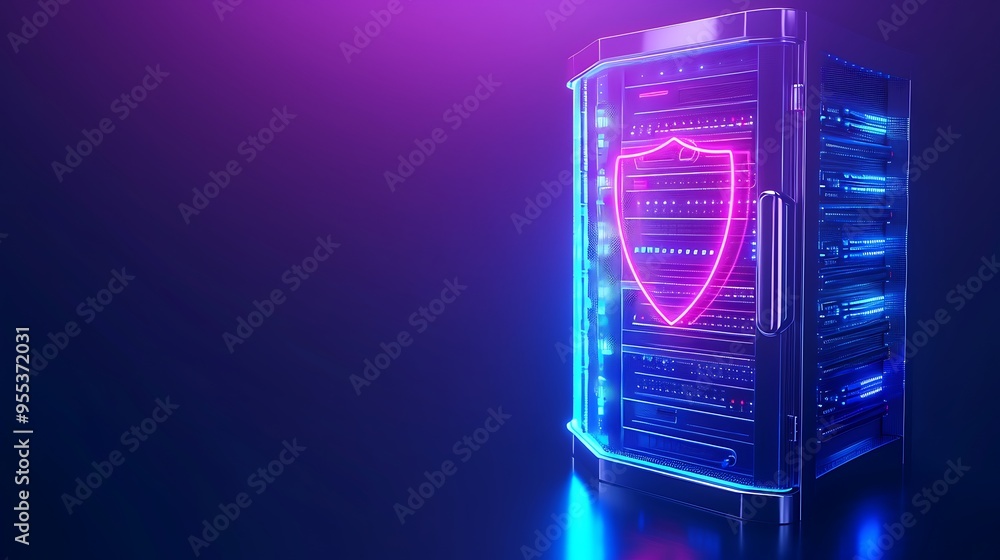 Aufkleber a glowing server rack with a highlighted security shield symbol, representing data protection and cy