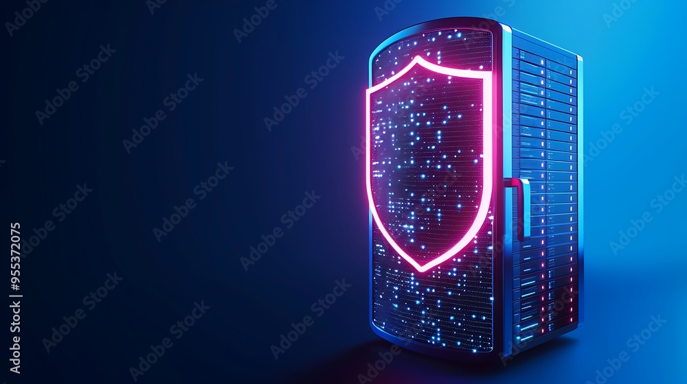 Poster a glowing shield emerges from a server, symbolizing cybersecurity and data protection in a digital n