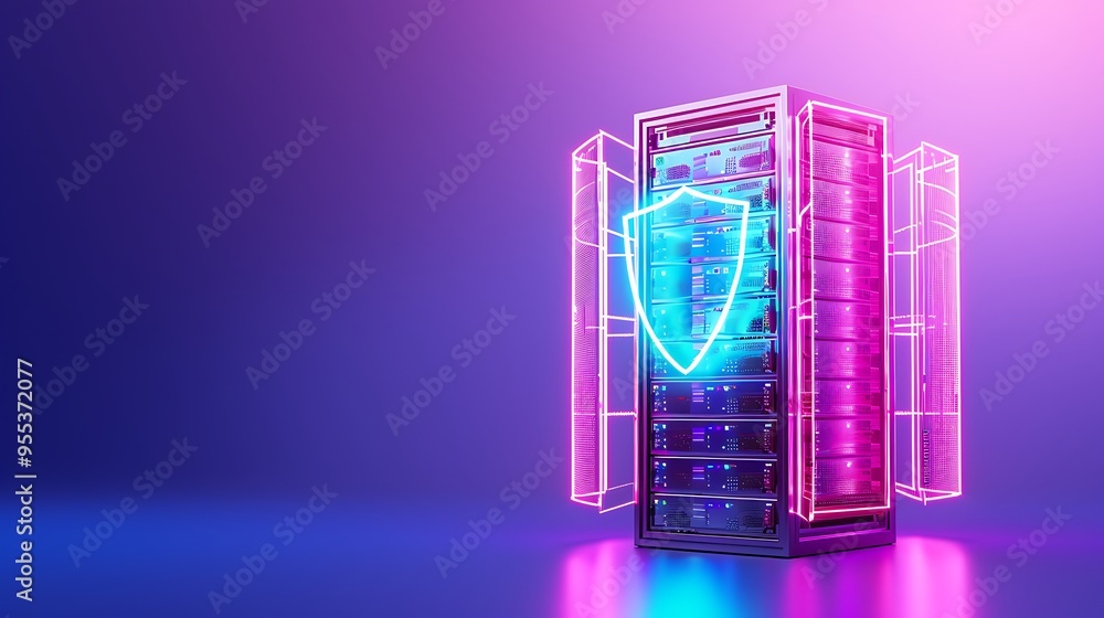 Poster a glowing server room with digital shield icon symbolizing cybersecurity and data protection on a vi