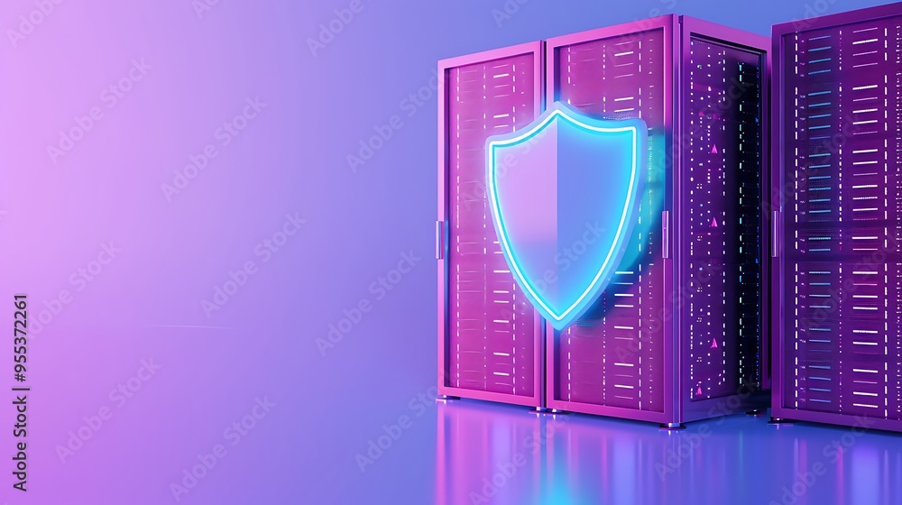 Poster a glowing shield icon in front of server racks, symbolizing cybersecurity and data protection in a p