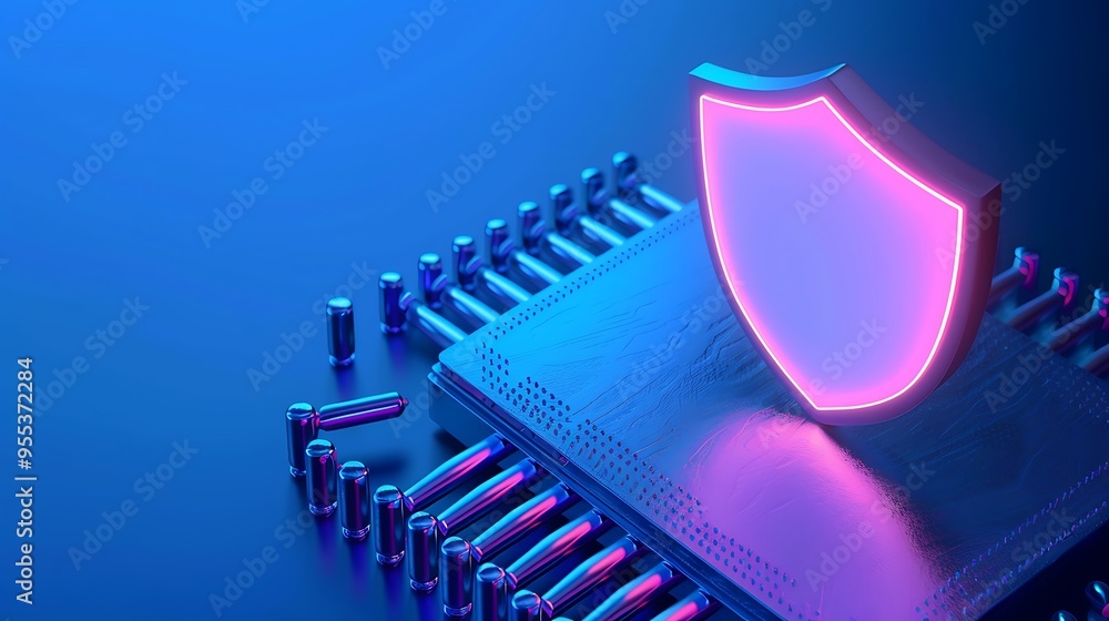 Poster a glowing shield icon on a microchip representing cybersecurity, data protection, and technology in 