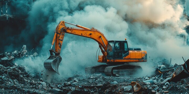 Excavator working amidst debris and smoke, showcasing heavy machinery in construction and demolition environments.