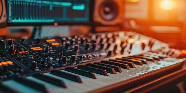 synthesizer and audio interface in a modern music studio, showcasing creativity and sound design.