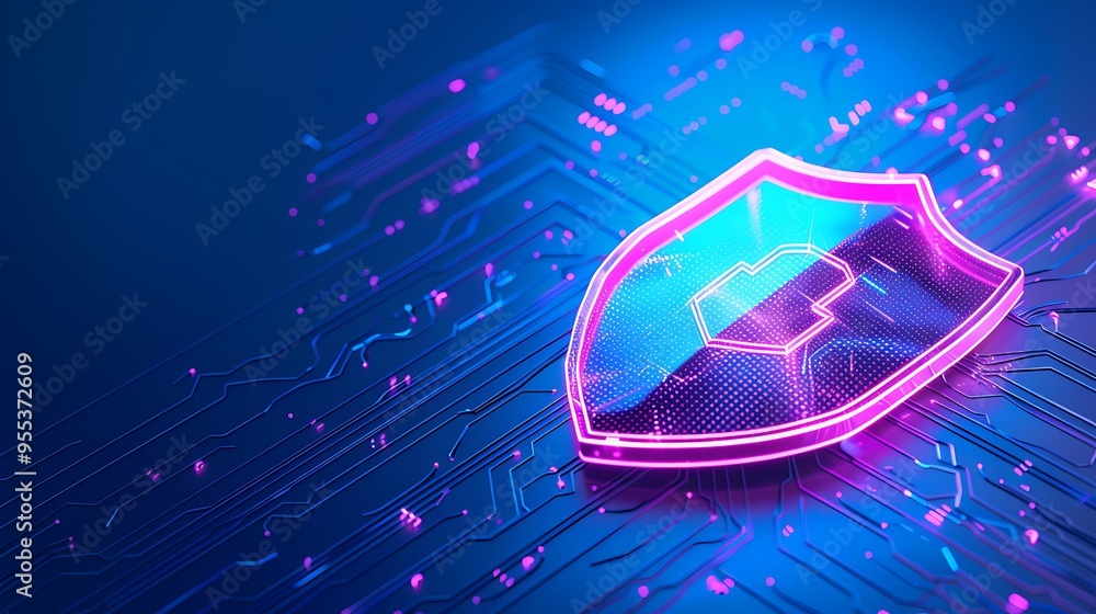 Poster a glowing shield symbol on a digital circuit board representing cybersecurity and data protection in