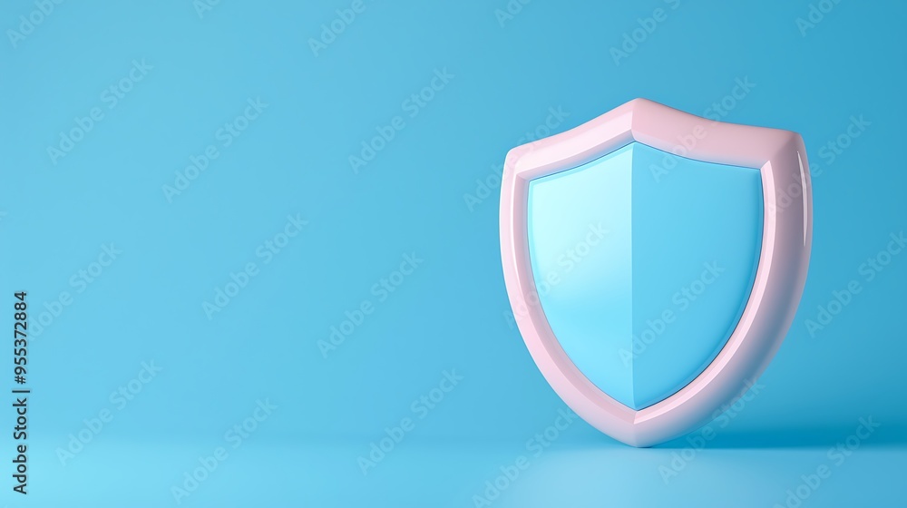 Poster a light blue shield symbol on a blue background representing protection and security. 3d rendering w