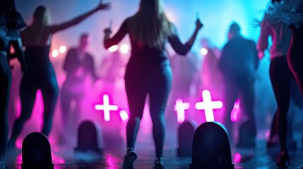 Silhouettes of People Dancing in a Neon Lit Nightclub
