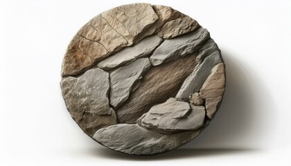 A textured, rough-edged stone circle with earthy tones of grey and brown, isolated on a whit
