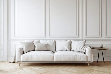 White sofa with throw blanket and pillows in a modern living room with white walls and wooden floors.