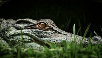 Fototapeta premium Close-up of a crocodile's intense eyes peering through a hole in the turf, the surrounding g