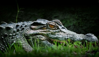Obraz premium Close-up of a crocodile's intense eyes peering through a hole in the turf, the surrounding g