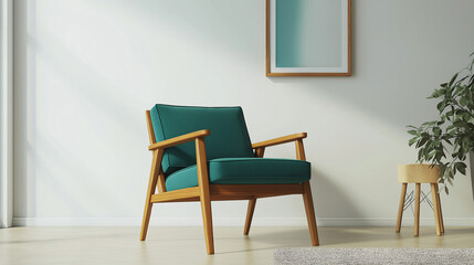 modern living room designed in mid-century style, featuring a stylish wooden chair with a teal cushion as the centerpiece.