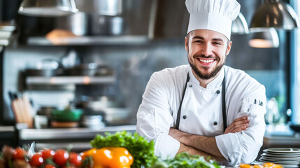 Smiling chef in a professional kitchen with fresh vegetables