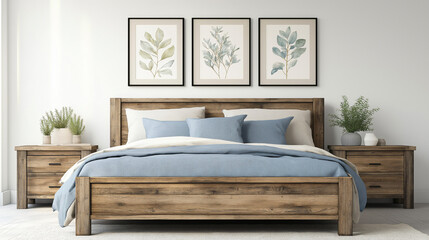 modern bedroom designed in a farmhouse style, featuring a rustic wooden bed as the focal point. The bed has a sturdy, handcrafted look with a natural wood finish