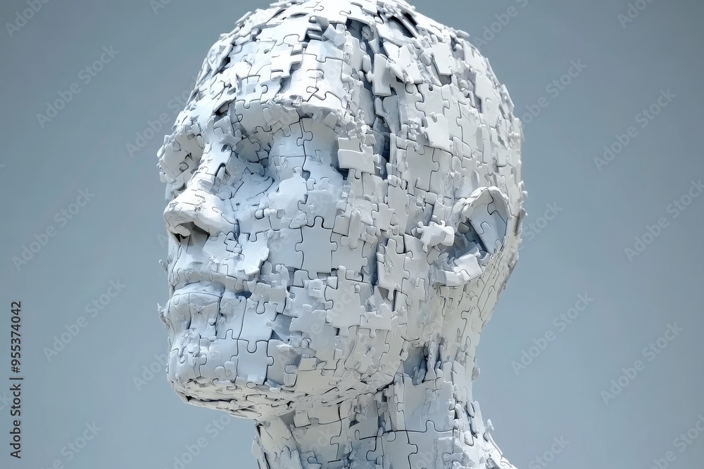 Aufkleber brain function cognitive neuroscience sculpture of a head made of puzzle pieces symbolizing the asse