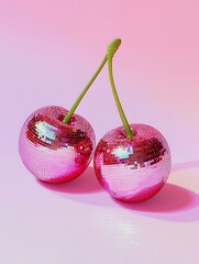 a pair of pink cherries made from disco balls on pink background