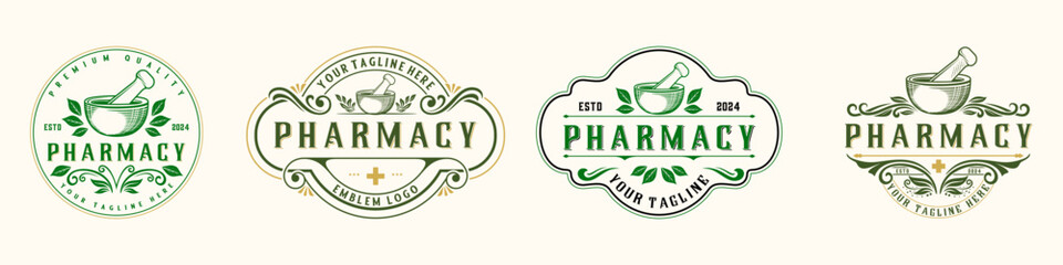 Vintage pharmacy logo. Illustration of mortar and pestle and herbal plant in emblem form, with leaf ornament and decoration for pharmacy, drug store and herbal medicine.
