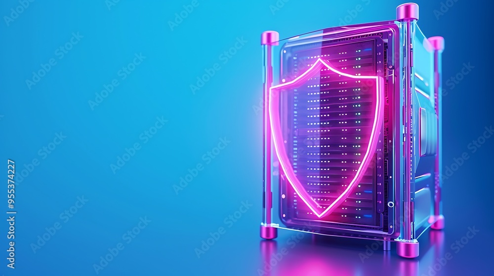 Poster a secure data server surrounded by neon light, symbolizing cybersecurity and data protection in a fu