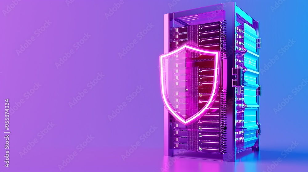 Poster a secure server rack with a glowing neon shield symbolizing data protection and cybersecurity on a p