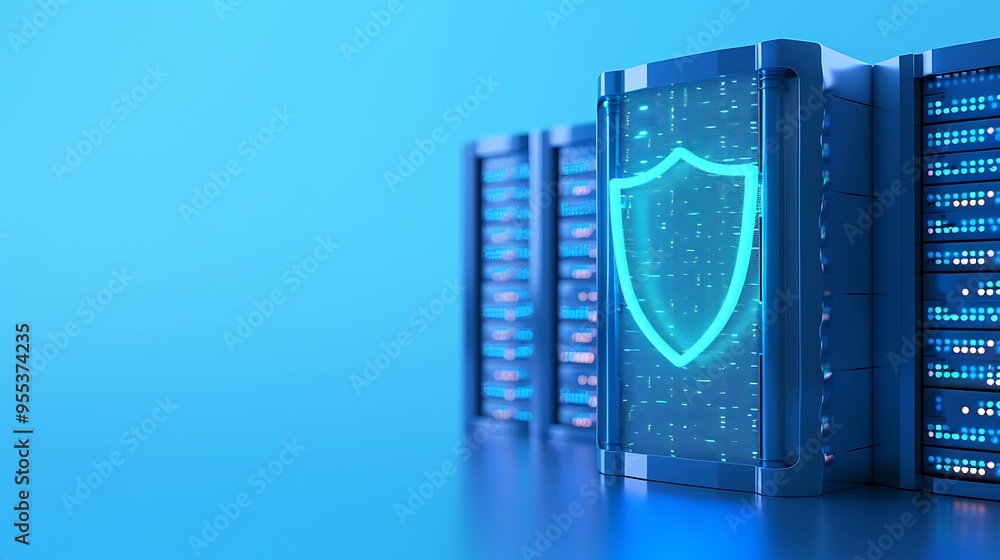 Poster a secure data server with a glowing shield icon representing cybersecurity protection, against a blu