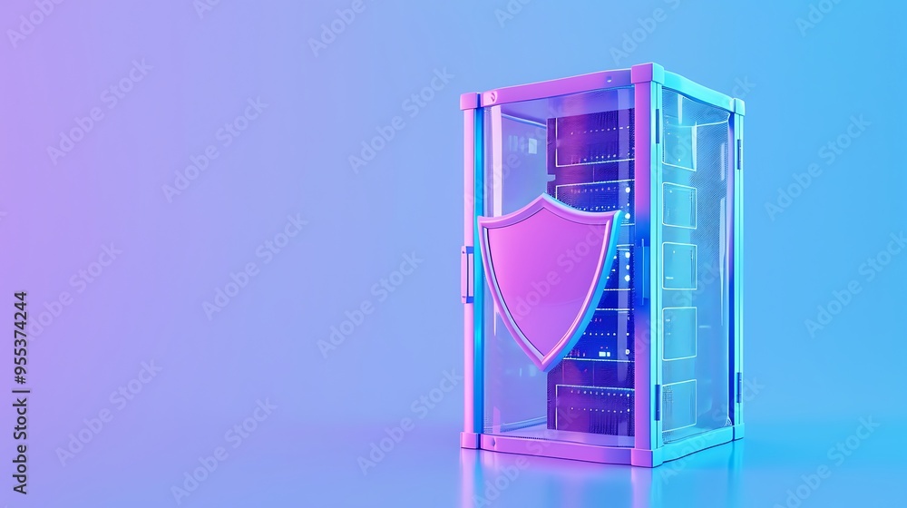 Poster a secure server rack with a shield representing data protection and cybersecurity in a futuristic, n