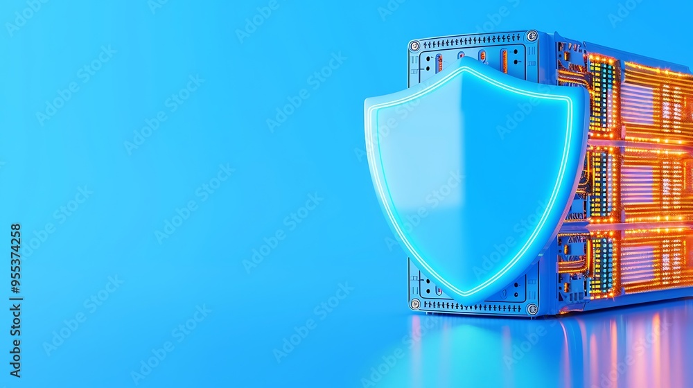 Poster a secure server shield protecting data in a futuristic blue-toned environment, symbolizing cybersecu
