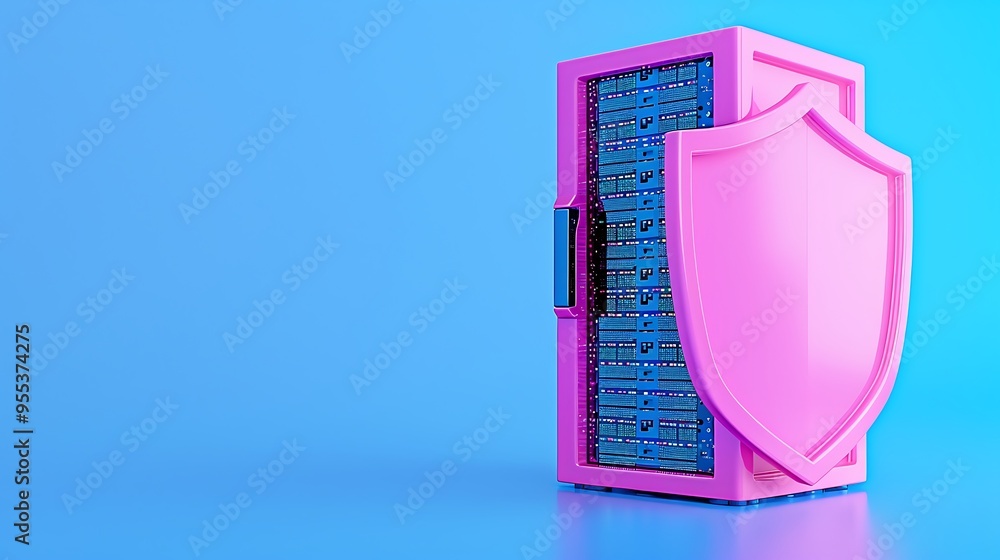 Poster a secure server with a pink shield on a blue gradient background, symbolizing data protection and cy
