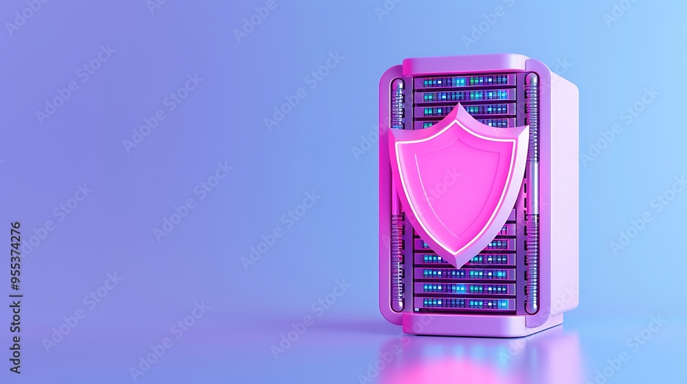 Poster a secure server with a protective shield symbolizing data protection and cybersecurity on a blue bac