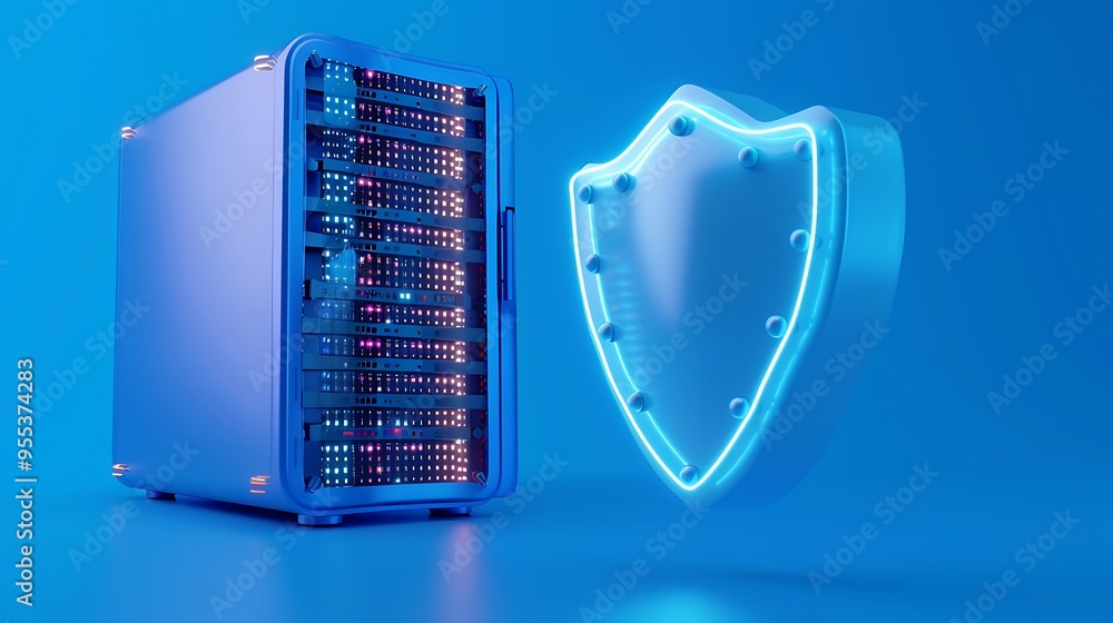 Poster a server rack and a glowing shield icon represent data security and protection in a blue-toned digit