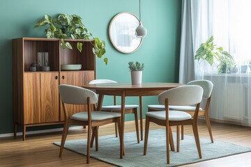 A modern dining room with a wooden table and chairs, green walls, and a round mirror.