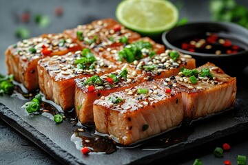 Seared tuna with sesame seeds and scallions. Perfect for restaurant menus, food blogs, and cookbooks.