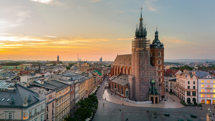 central market square of krakow in poland at dawn in summer view from above