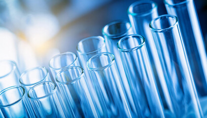 Glass test tubes. Medical glassware. Pharmacy industry and pharmaceutical research in laboratory.