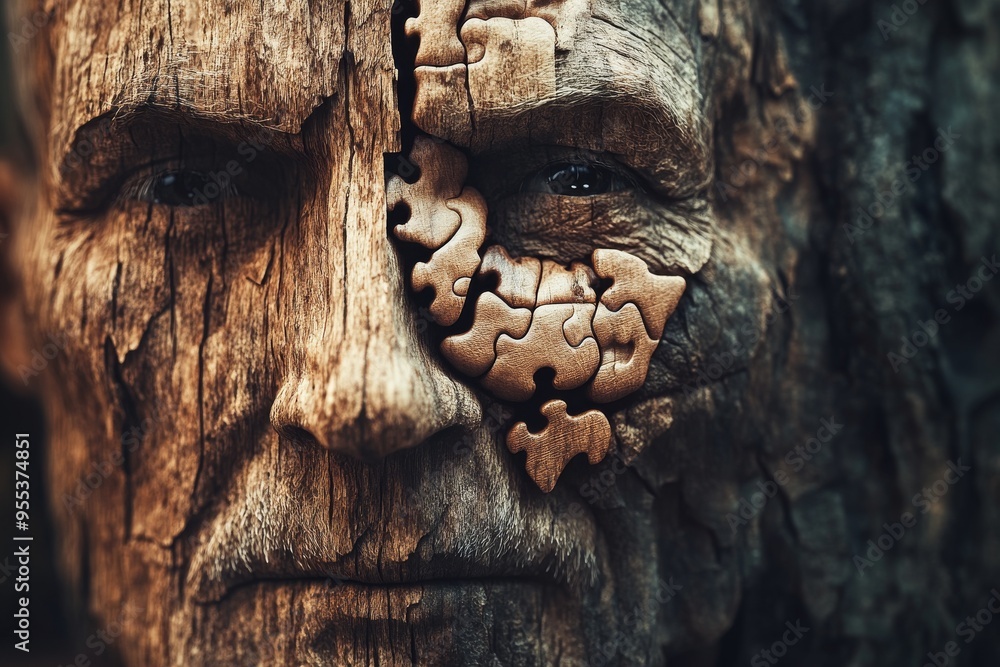 Poster Brain asymmetry Cognitive neuroscience Elderly man with a wooden texture and puzzle pieces representing the passage of time and the complexity of memory