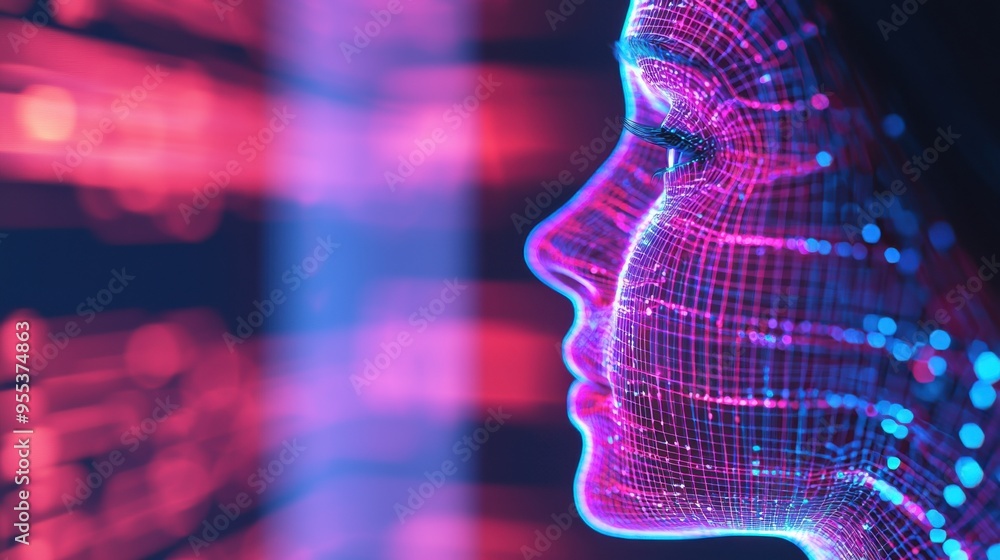 Poster a futuristic representation of a woman's profile with vibrant digital patterns and data streams, sym